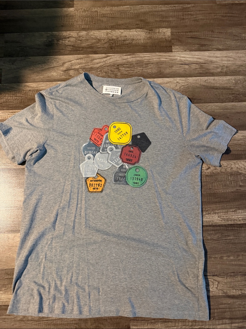 Maison Martin Margiela Gray Short Sleeve Tee with Colorful Tag Graphic